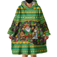 Jamaica Christmas Wearable Blanket Hoodie with Rasta Santa Snowman Gingerbread Drummer Palm Trees and Green Yellow Knit Pattern Design - Wonder Print Shop
