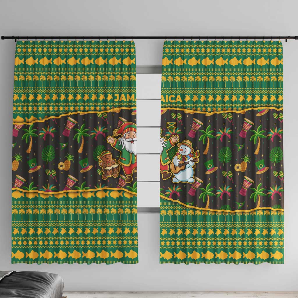 Jamaica Christmas Window Curtain with Rasta Santa Snowman Gingerbread Drummer Palm Trees and Green Yellow Knit Pattern Design - Wonder Print Shop