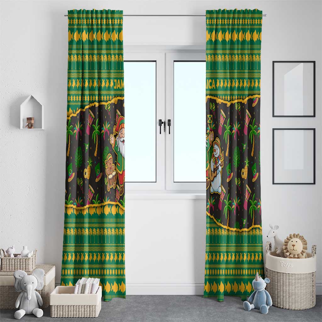 Jamaica Christmas Window Curtain with Rasta Santa Snowman Gingerbread Drummer Palm Trees and Green Yellow Knit Pattern Design - Wonder Print Shop