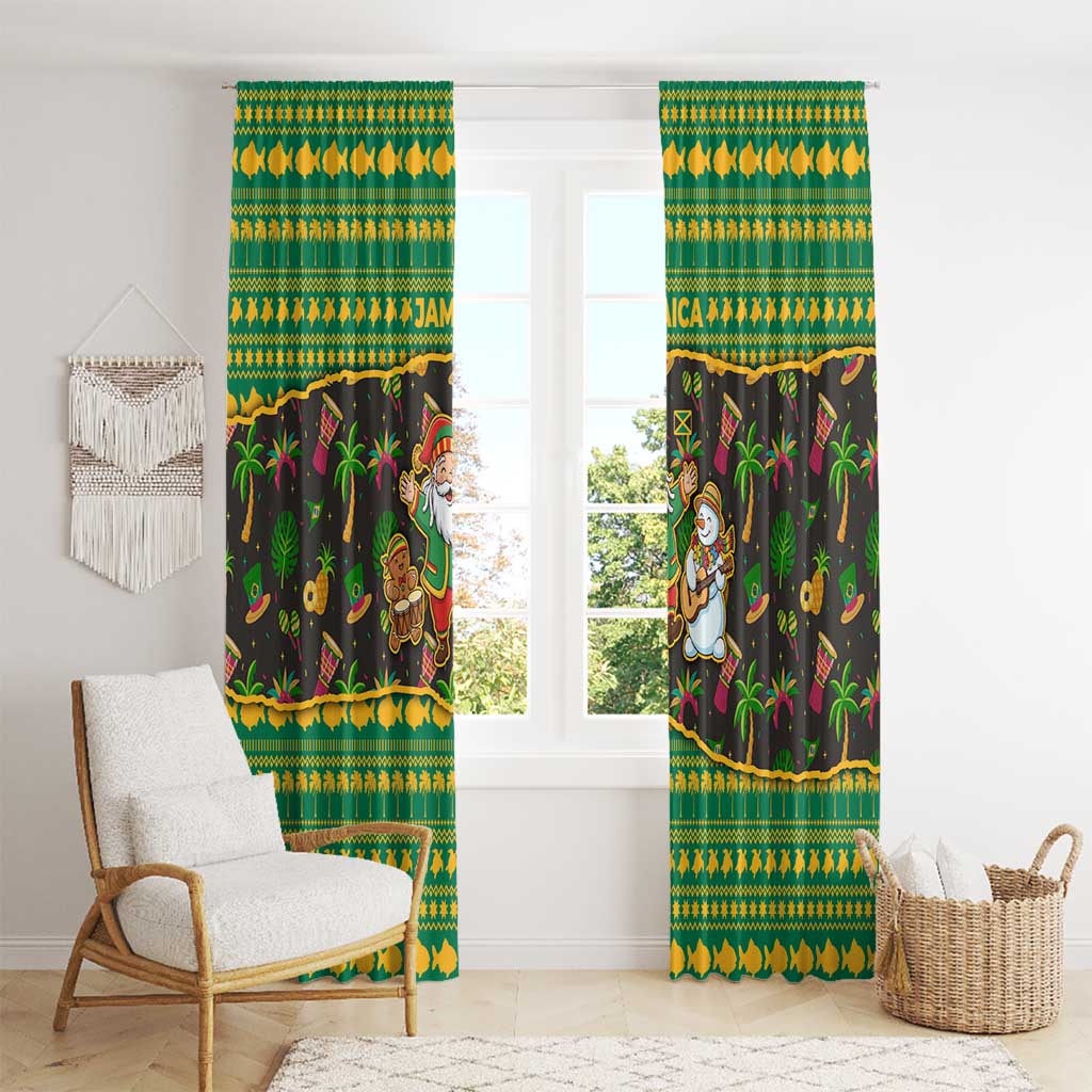 Jamaica Christmas Window Curtain with Rasta Santa Snowman Gingerbread Drummer Palm Trees and Green Yellow Knit Pattern Design - Wonder Print Shop