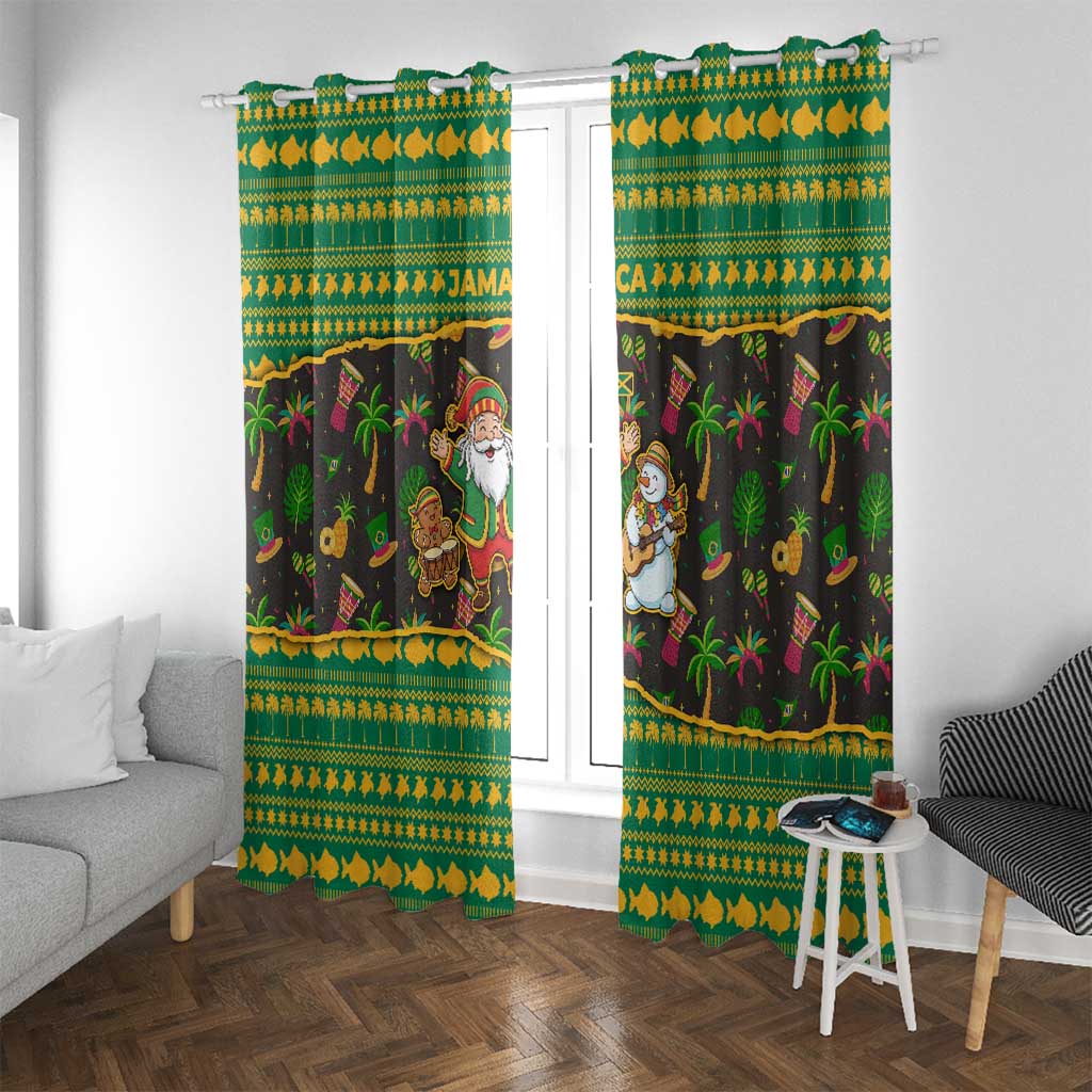 Jamaica Christmas Window Curtain with Rasta Santa Snowman Gingerbread Drummer Palm Trees and Green Yellow Knit Pattern Design - Wonder Print Shop