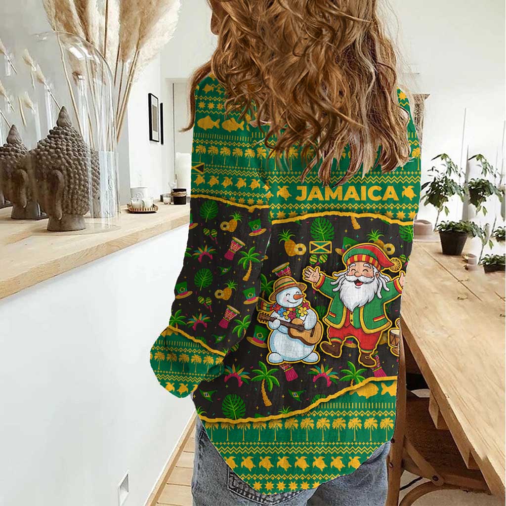 Jamaica Christmas Women Casual Shirt with Rasta Santa Snowman Gingerbread Drummer Palm Trees and Green Yellow Knit Pattern Design - Wonder Print Shop