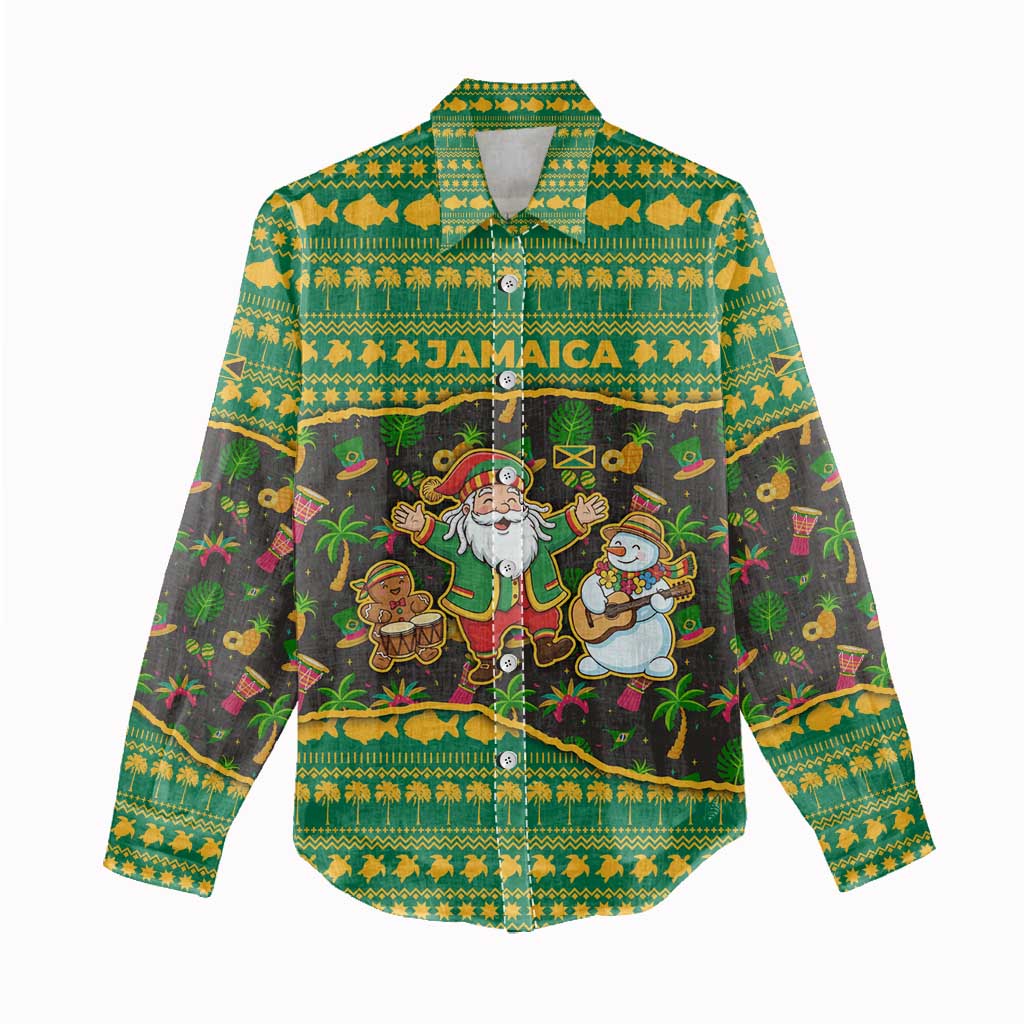 Jamaica Christmas Women Casual Shirt with Rasta Santa Snowman Gingerbread Drummer Palm Trees and Green Yellow Knit Pattern Design - Wonder Print Shop