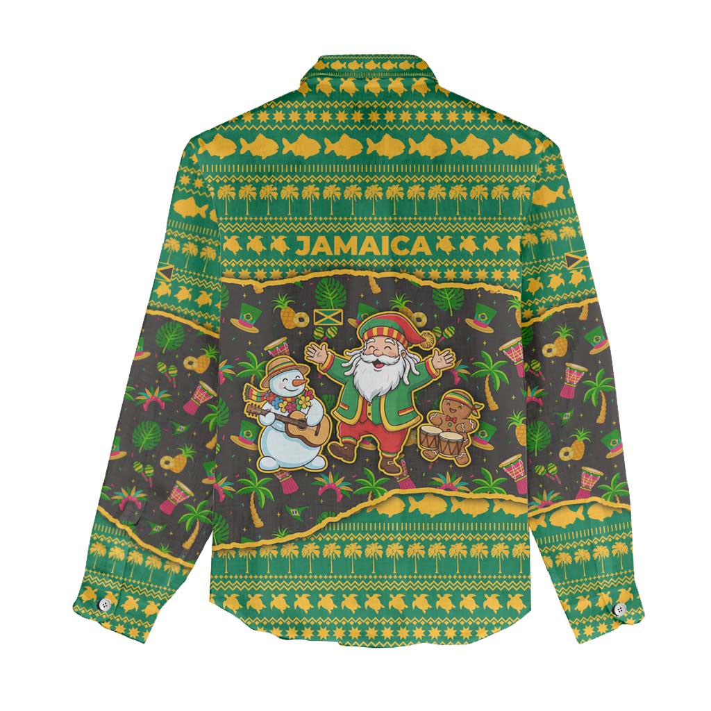 Jamaica Christmas Women Casual Shirt with Rasta Santa Snowman Gingerbread Drummer Palm Trees and Green Yellow Knit Pattern Design - Wonder Print Shop