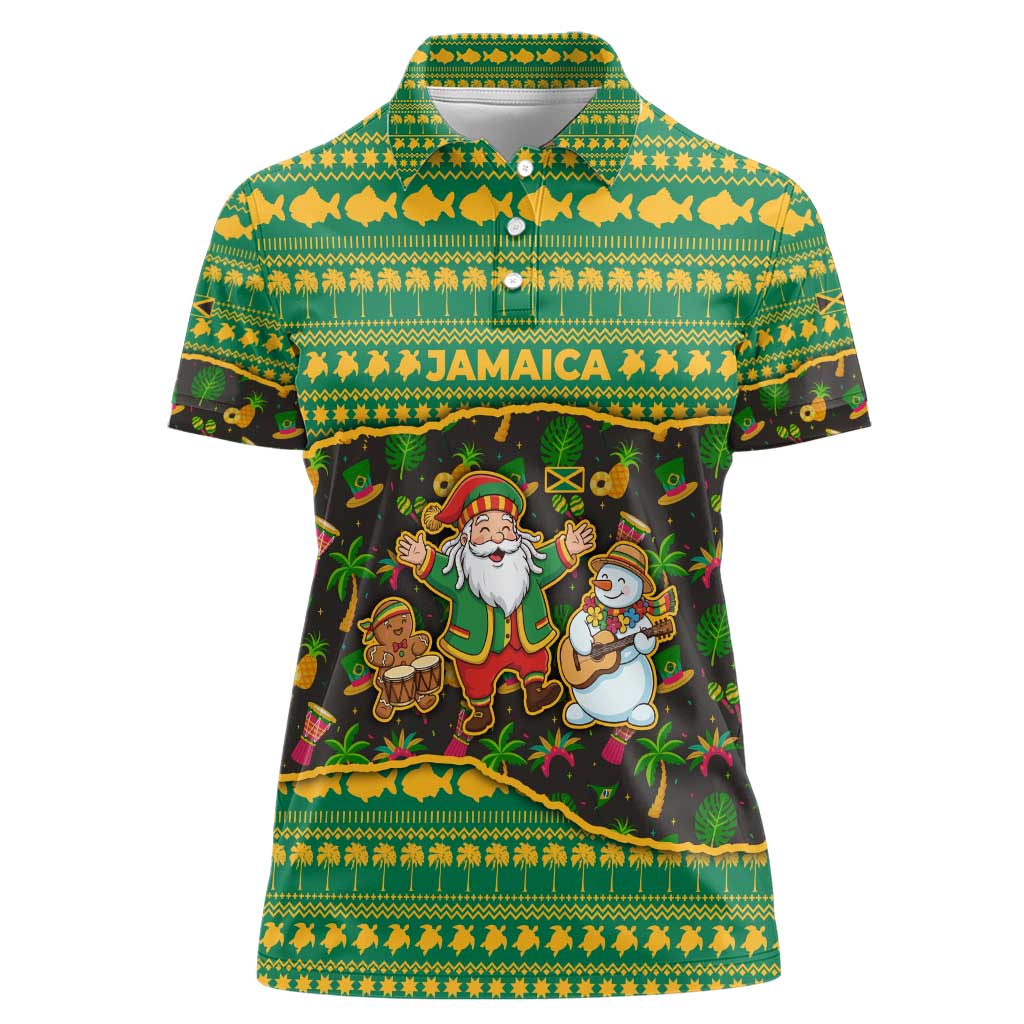 Jamaica Christmas Women Polo Shirt with Rasta Santa Snowman Gingerbread Drummer Palm Trees and Green Yellow Knit Pattern Design - Wonder Print Shop
