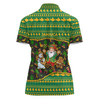 Jamaica Christmas Women Polo Shirt with Rasta Santa Snowman Gingerbread Drummer Palm Trees and Green Yellow Knit Pattern Design - Wonder Print Shop
