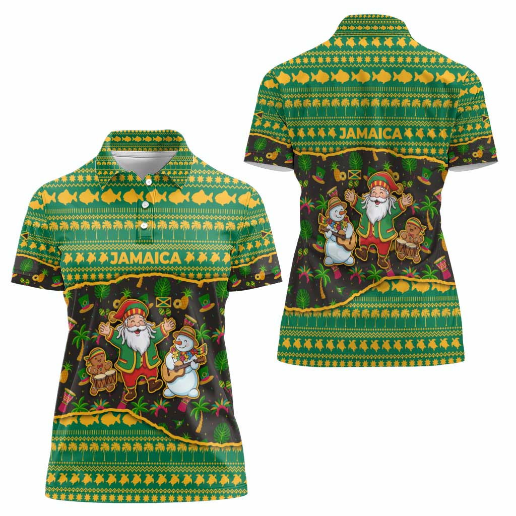 Jamaica Christmas Women Polo Shirt with Rasta Santa Snowman Gingerbread Drummer Palm Trees and Green Yellow Knit Pattern Design - Wonder Print Shop