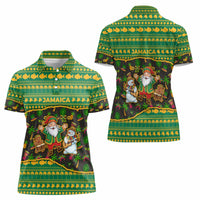 Jamaica Christmas Women Polo Shirt with Rasta Santa Snowman Gingerbread Drummer Palm Trees and Green Yellow Knit Pattern Design - Wonder Print Shop