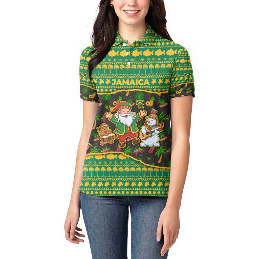 Jamaica Christmas Women Polo Shirt with Rasta Santa Snowman Gingerbread Drummer Palm Trees and Green Yellow Knit Pattern Design - Wonder Print Shop