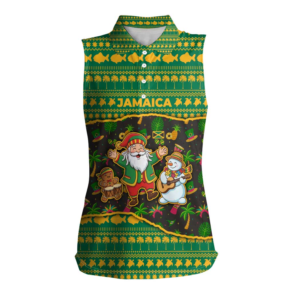 Jamaica Christmas Women Sleeveless Polo Shirt with Rasta Santa Snowman Gingerbread Drummer Palm Trees and Green Yellow Knit Pattern Design - Wonder Print Shop