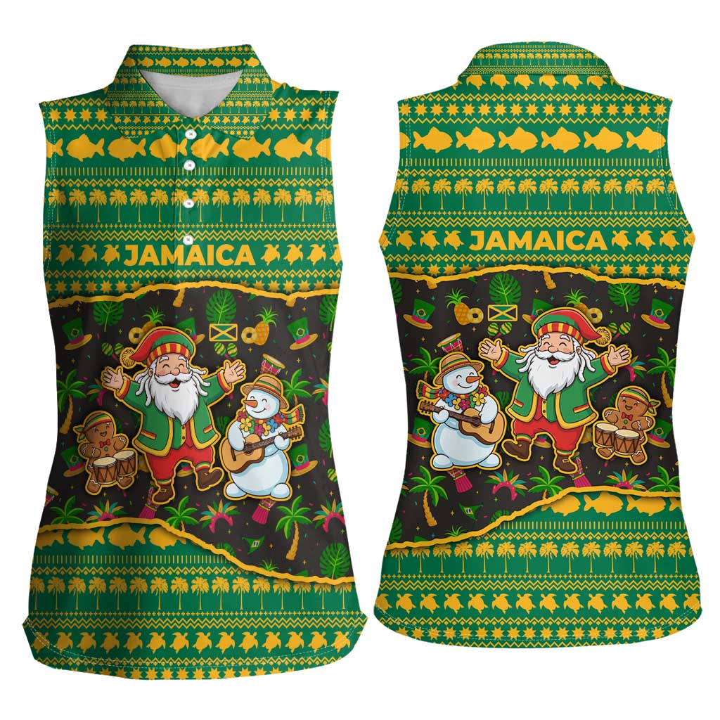 Jamaica Christmas Women Sleeveless Polo Shirt with Rasta Santa Snowman Gingerbread Drummer Palm Trees and Green Yellow Knit Pattern Design - Wonder Print Shop