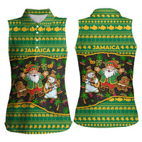 Jamaica Christmas Women Sleeveless Polo Shirt with Rasta Santa Snowman Gingerbread Drummer Palm Trees and Green Yellow Knit Pattern Design - Wonder Print Shop