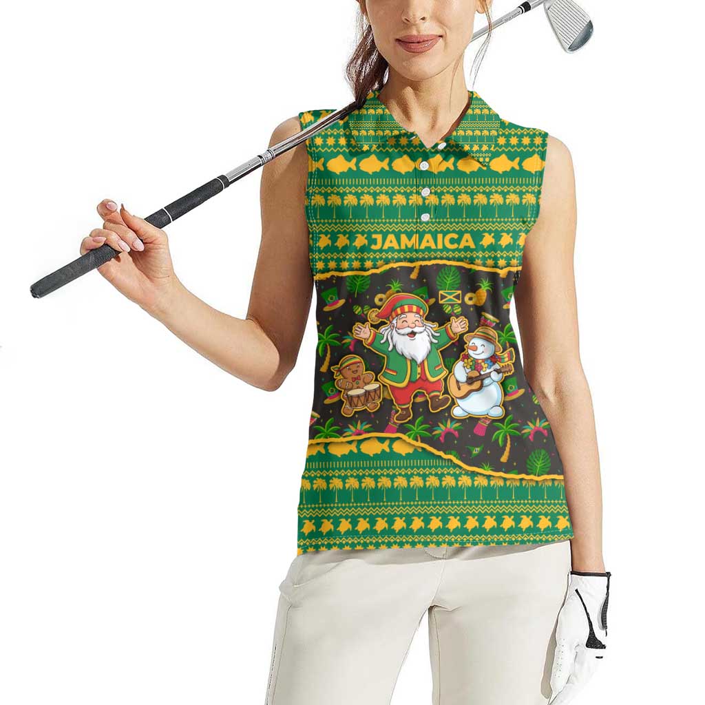 Jamaica Christmas Women Sleeveless Polo Shirt with Rasta Santa Snowman Gingerbread Drummer Palm Trees and Green Yellow Knit Pattern Design - Wonder Print Shop