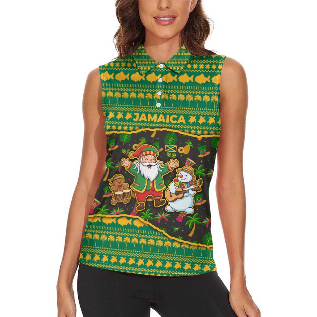 Jamaica Christmas Women Sleeveless Polo Shirt with Rasta Santa Snowman Gingerbread Drummer Palm Trees and Green Yellow Knit Pattern Design - Wonder Print Shop