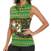 Jamaica Christmas Women Sleeveless Polo Shirt with Rasta Santa Snowman Gingerbread Drummer Palm Trees and Green Yellow Knit Pattern Design - Wonder Print Shop