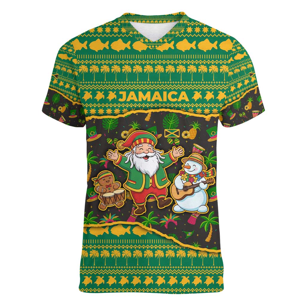 Jamaica Christmas Women V-Neck T-Shirt with Rasta Santa Snowman Gingerbread Drummer Palm Trees and Green Yellow Knit Pattern Design - Wonder Print Shop
