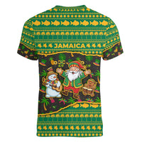 Jamaica Christmas Women V-Neck T-Shirt with Rasta Santa Snowman Gingerbread Drummer Palm Trees and Green Yellow Knit Pattern Design - Wonder Print Shop