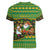 Jamaica Christmas Women V-Neck T-Shirt with Rasta Santa Snowman Gingerbread Drummer Palm Trees and Green Yellow Knit Pattern Design - Wonder Print Shop