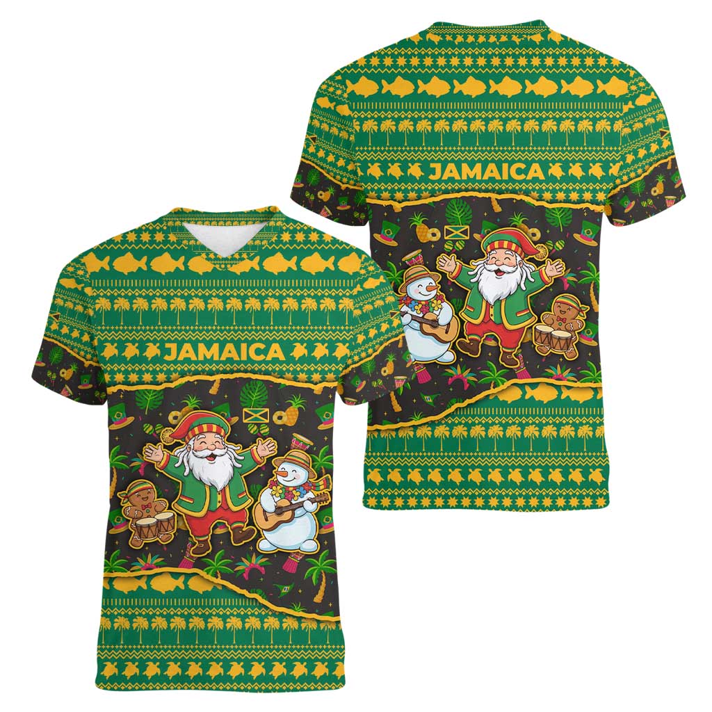 Jamaica Christmas Women V-Neck T-Shirt with Rasta Santa Snowman Gingerbread Drummer Palm Trees and Green Yellow Knit Pattern Design - Wonder Print Shop
