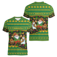 Jamaica Christmas Women V-Neck T-Shirt with Rasta Santa Snowman Gingerbread Drummer Palm Trees and Green Yellow Knit Pattern Design - Wonder Print Shop