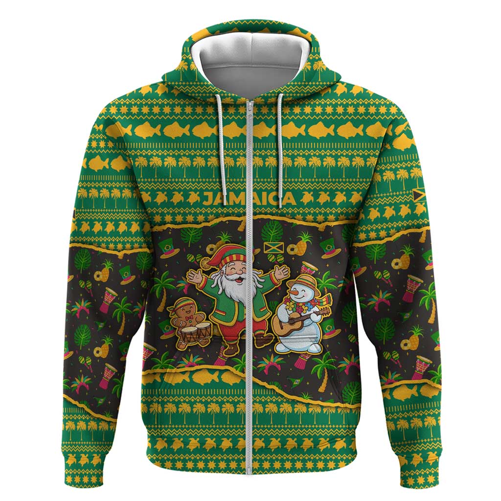 Jamaica Christmas Zip Hoodie with Rasta Santa Snowman Gingerbread Drummer Palm Trees and Green Yellow Knit Pattern Design - Wonder Print Shop