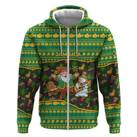Jamaica Christmas Zip Hoodie with Rasta Santa Snowman Gingerbread Drummer Palm Trees and Green Yellow Knit Pattern Design - Wonder Print Shop