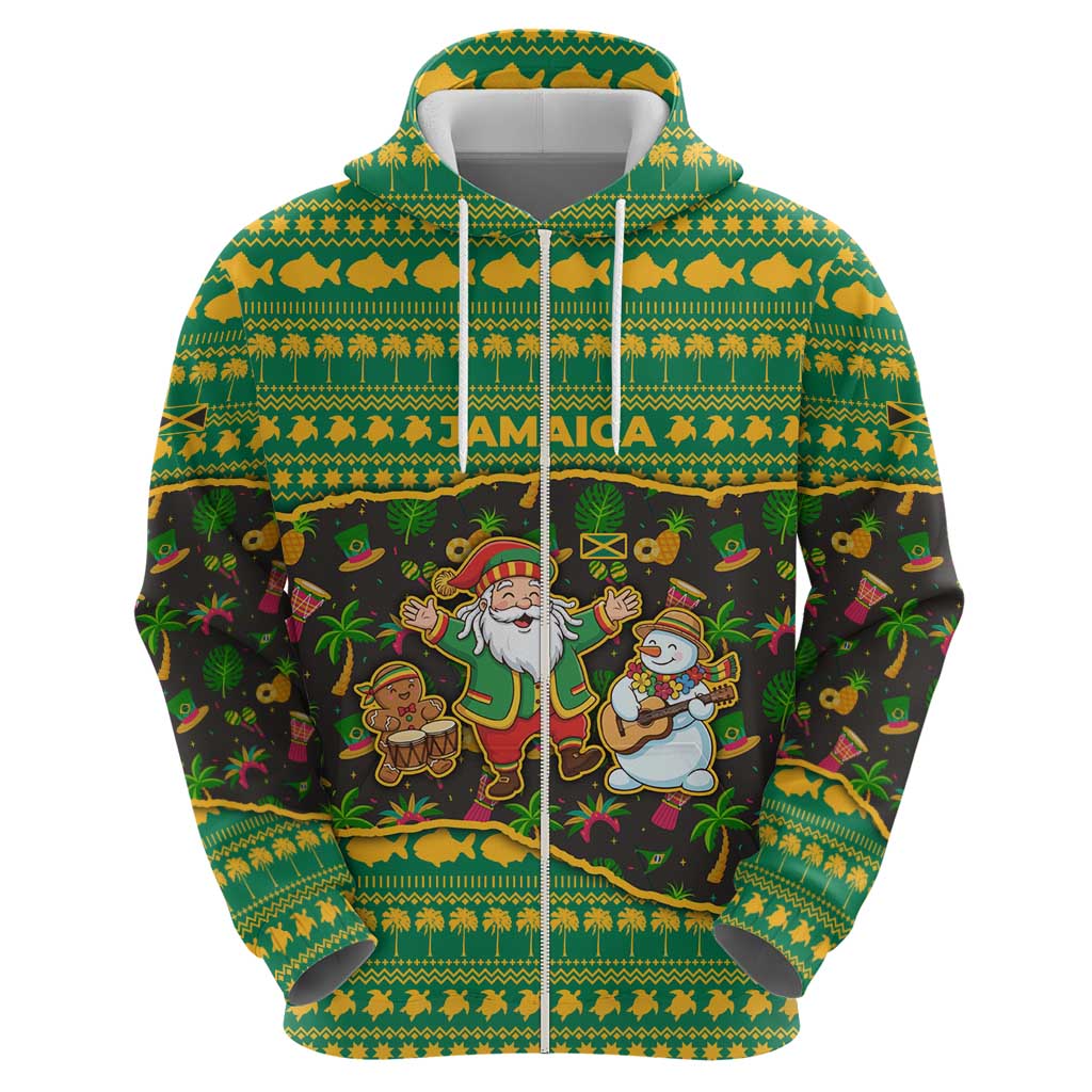 Jamaica Christmas Zip Hoodie with Rasta Santa Snowman Gingerbread Drummer Palm Trees and Green Yellow Knit Pattern Design - Wonder Print Shop