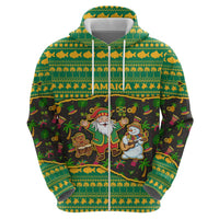 Jamaica Christmas Zip Hoodie with Rasta Santa Snowman Gingerbread Drummer Palm Trees and Green Yellow Knit Pattern Design - Wonder Print Shop