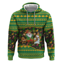 Jamaica Christmas Zip Hoodie with Rasta Santa Snowman Gingerbread Drummer Palm Trees and Green Yellow Knit Pattern Design - Wonder Print Shop