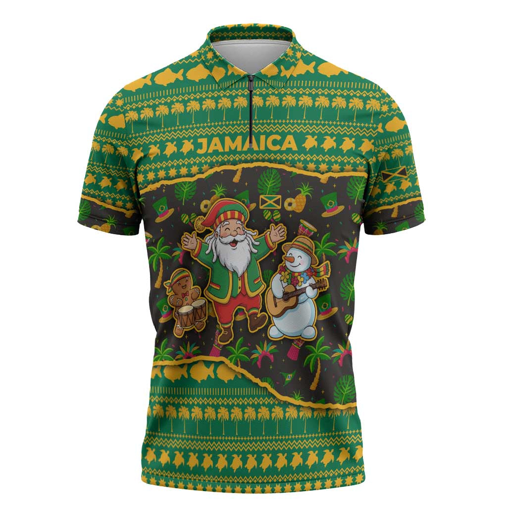 Jamaica Christmas Zipper Polo Shirt with Rasta Santa Snowman Gingerbread Drummer Palm Trees and Green Yellow Knit Pattern Design - Wonder Print Shop