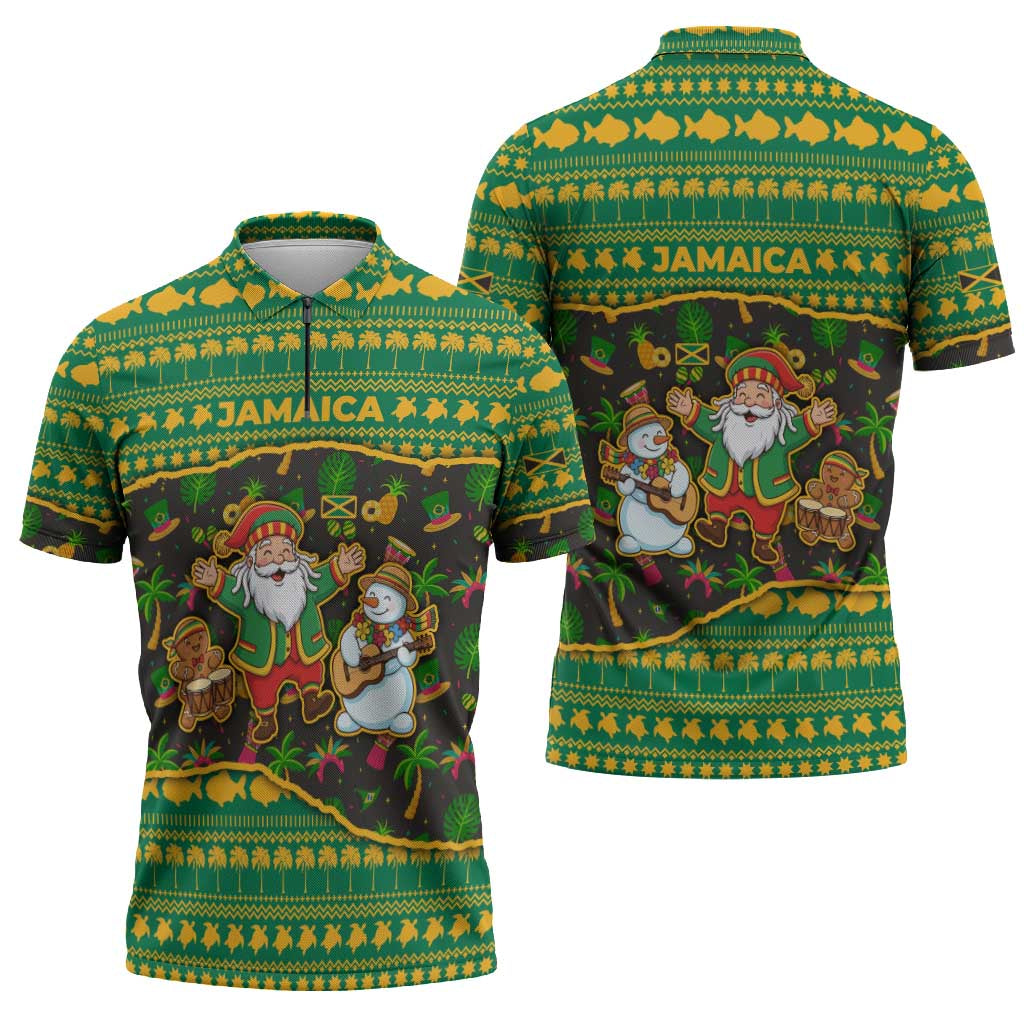Jamaica Christmas Zipper Polo Shirt with Rasta Santa Snowman Gingerbread Drummer Palm Trees and Green Yellow Knit Pattern Design - Wonder Print Shop