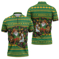 Jamaica Christmas Zipper Polo Shirt with Rasta Santa Snowman Gingerbread Drummer Palm Trees and Green Yellow Knit Pattern Design - Wonder Print Shop