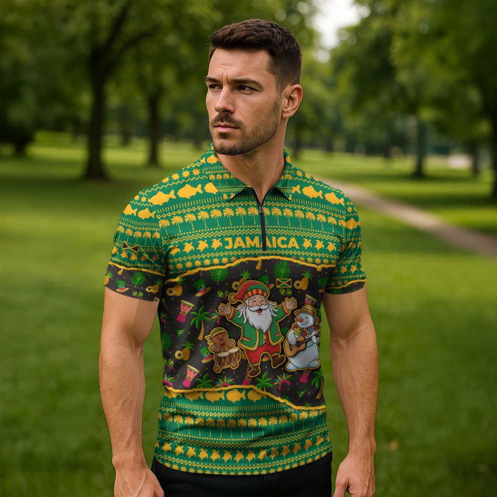 Jamaica Christmas Zipper Polo Shirt with Rasta Santa Snowman Gingerbread Drummer Palm Trees and Green Yellow Knit Pattern Design - Wonder Print Shop