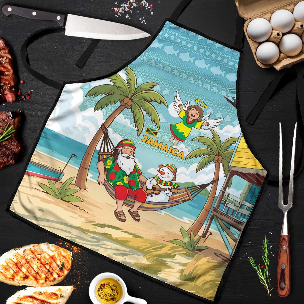 Jamaica Christmas Apron with Rasta Santa Snowman Hammock Angel Palm Trees and Tropical Beach Design - Wonder Print Shop