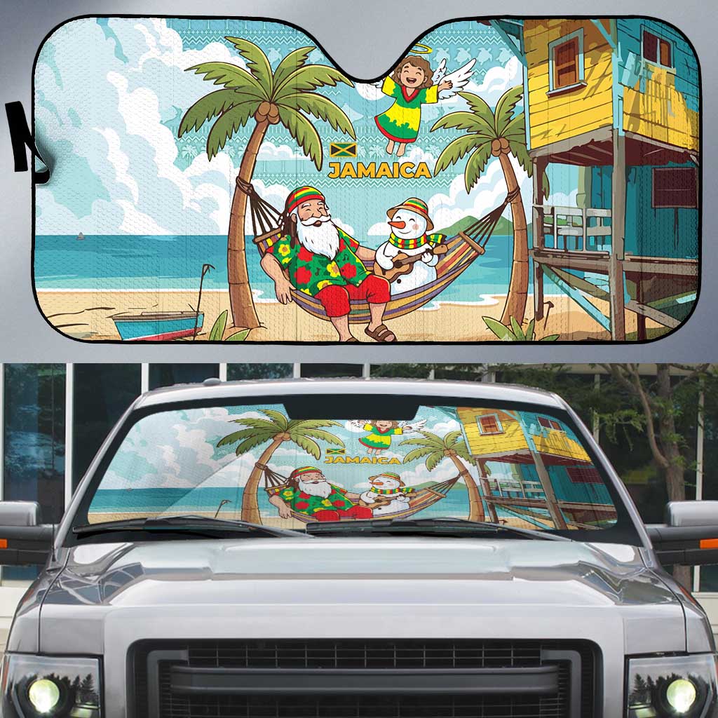 Jamaica Christmas Auto Sun Shade with Rasta Santa Snowman Hammock Angel Palm Trees and Tropical Beach Design - Wonder Print Shop