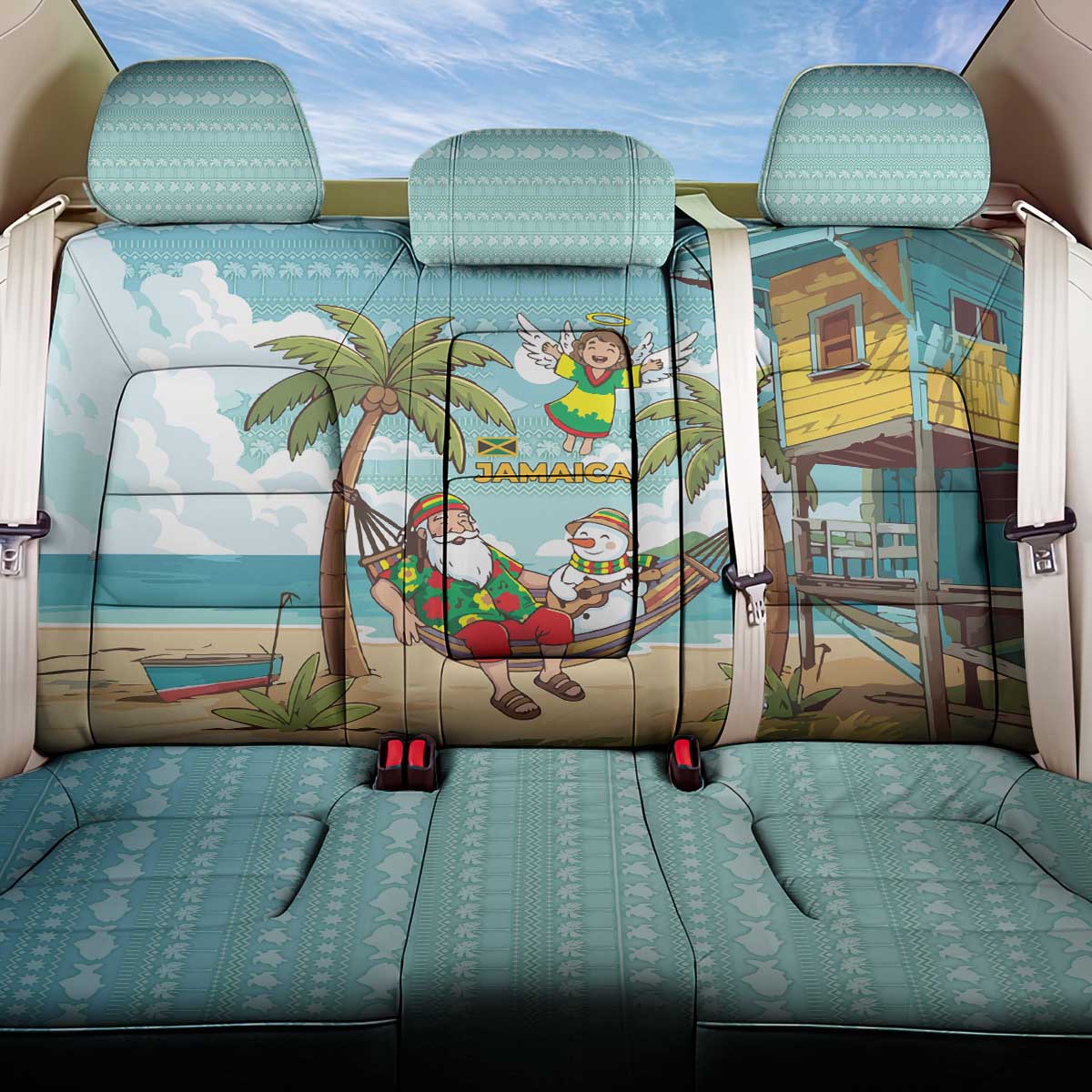 Jamaica Christmas Back Car Seat Cover with Rasta Santa Snowman Hammock Angel Palm Trees and Tropical Beach Design - Wonder Print Shop