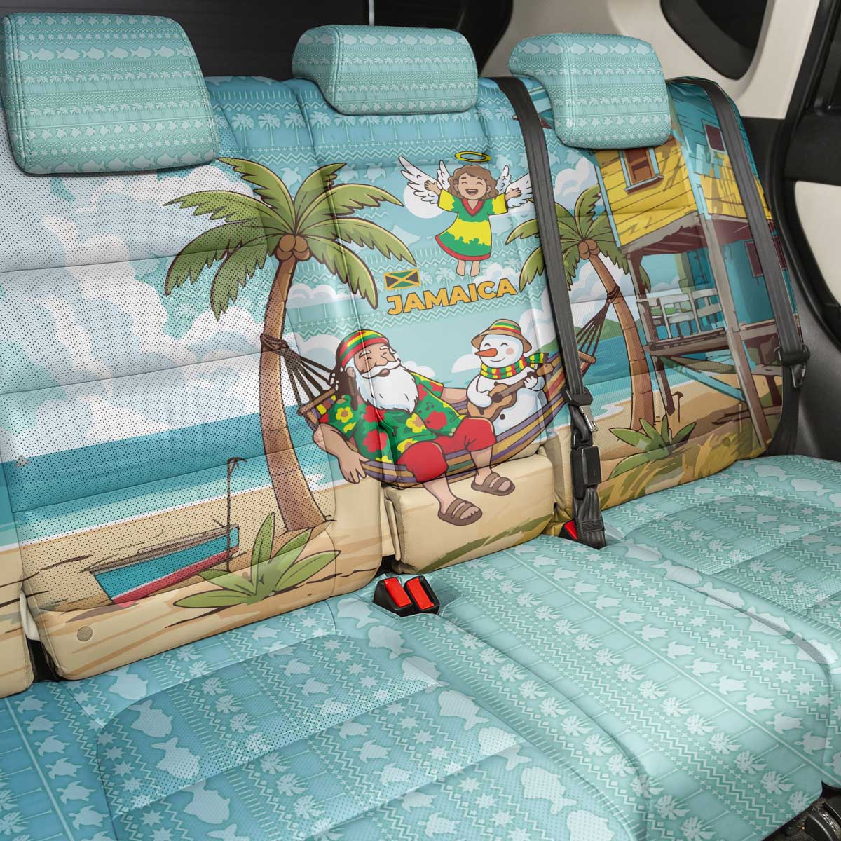 Jamaica Christmas Back Car Seat Cover with Rasta Santa Snowman Hammock Angel Palm Trees and Tropical Beach Design - Wonder Print Shop