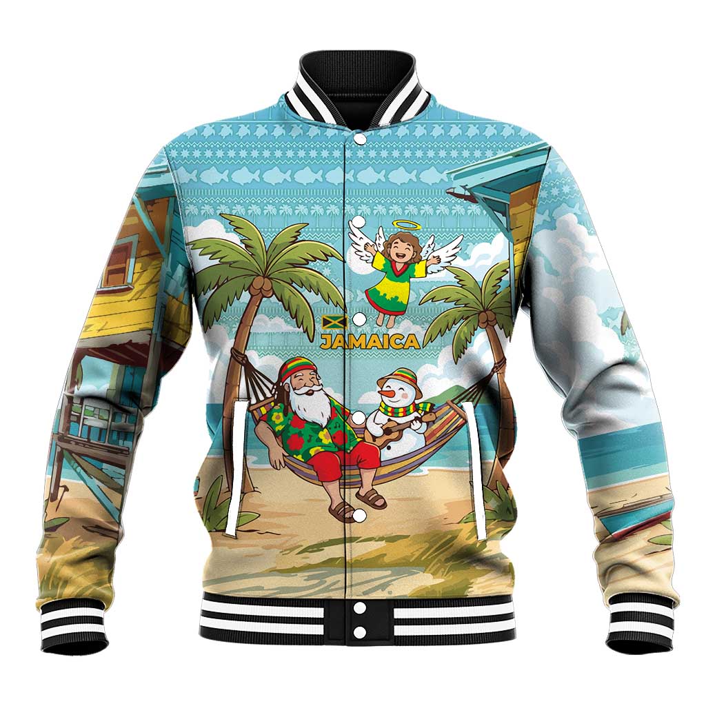 Jamaica Christmas Baseball Jacket with Rasta Santa Snowman Hammock Angel Palm Trees and Tropical Beach Design - Wonder Print Shop