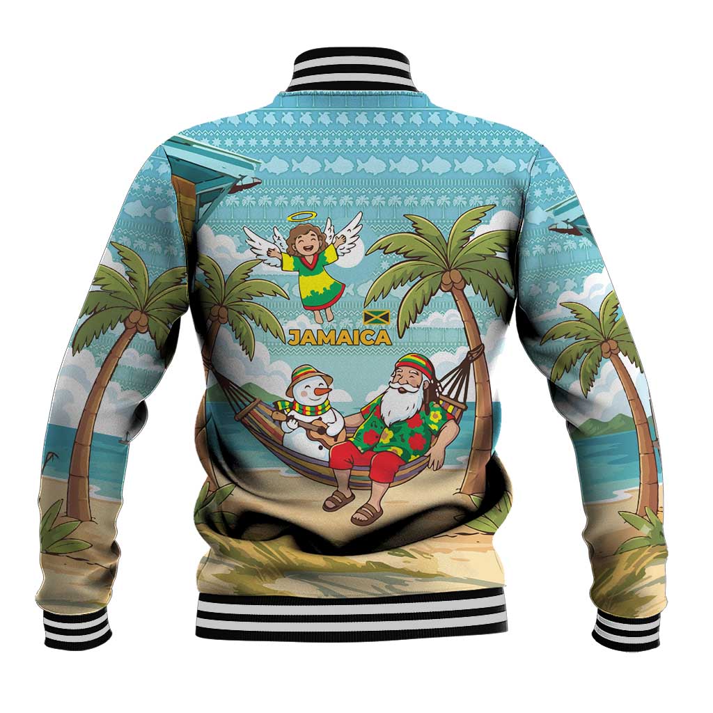 Jamaica Christmas Baseball Jacket with Rasta Santa Snowman Hammock Angel Palm Trees and Tropical Beach Design - Wonder Print Shop