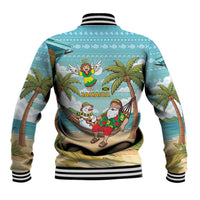 Jamaica Christmas Baseball Jacket with Rasta Santa Snowman Hammock Angel Palm Trees and Tropical Beach Design - Wonder Print Shop