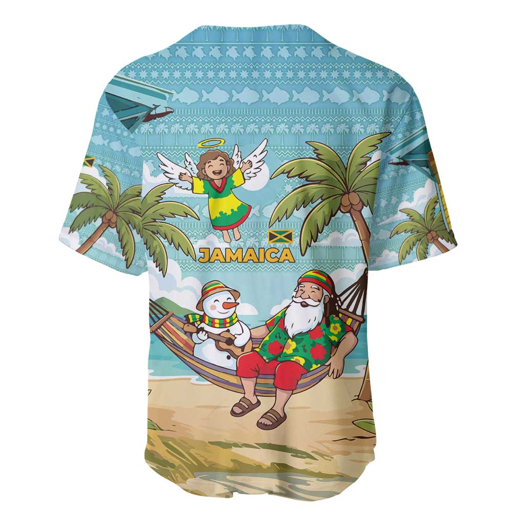 Jamaica Christmas Baseball Jersey with Rasta Santa Snowman Hammock Angel Palm Trees and Tropical Beach Design - Wonder Print Shop