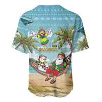 Jamaica Christmas Baseball Jersey with Rasta Santa Snowman Hammock Angel Palm Trees and Tropical Beach Design - Wonder Print Shop