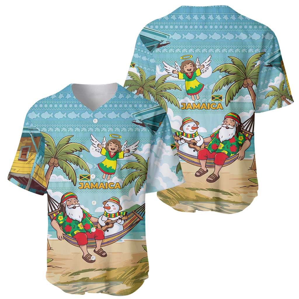 Jamaica Christmas Baseball Jersey with Rasta Santa Snowman Hammock Angel Palm Trees and Tropical Beach Design - Wonder Print Shop