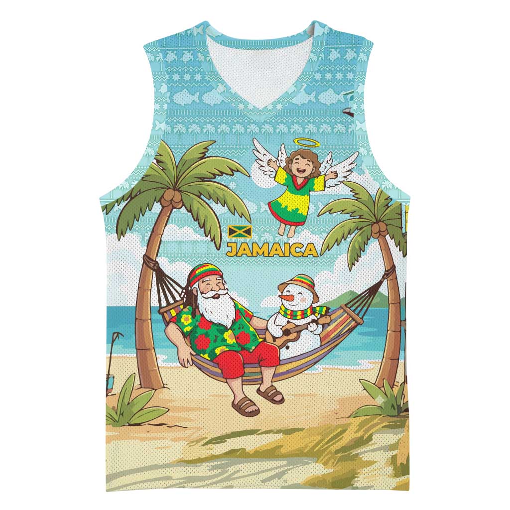 Jamaica Christmas Basketball Jersey with Rasta Santa Snowman Hammock Angel Palm Trees and Tropical Beach Design - Wonder Print Shop