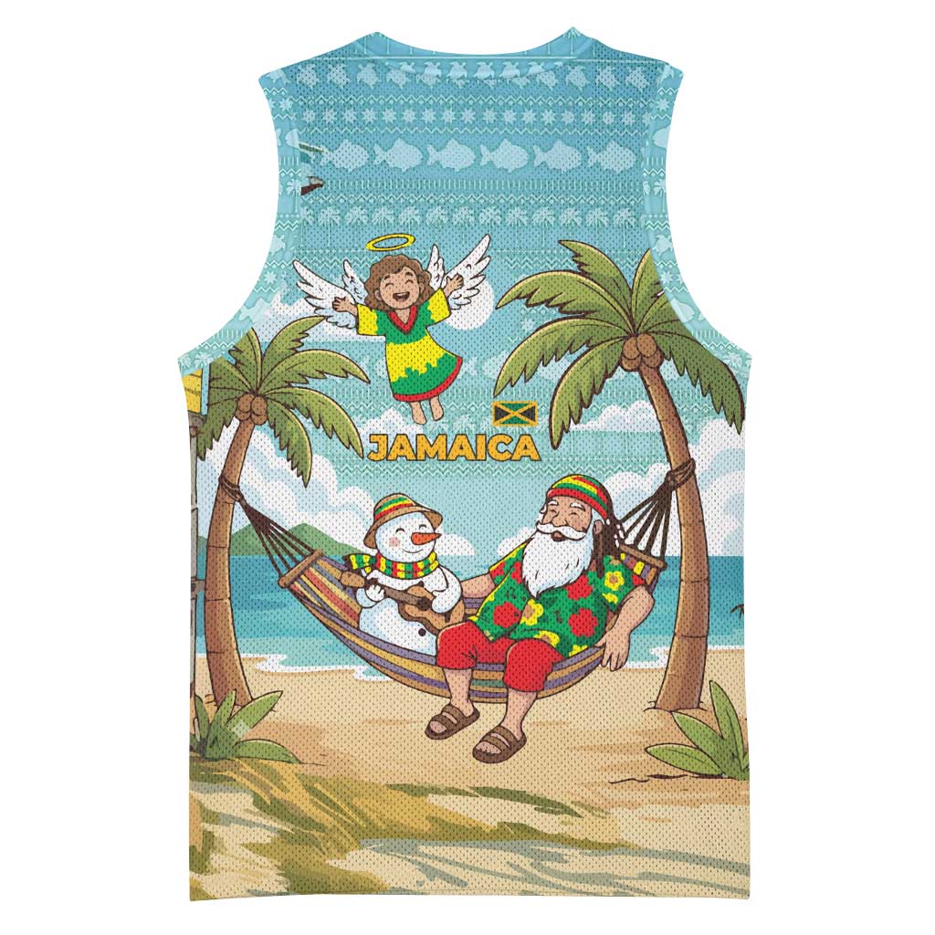 Jamaica Christmas Basketball Jersey with Rasta Santa Snowman Hammock Angel Palm Trees and Tropical Beach Design - Wonder Print Shop