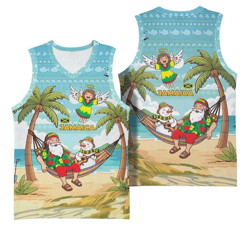 Jamaica Christmas Basketball Jersey with Rasta Santa Snowman Hammock Angel Palm Trees and Tropical Beach Design - Wonder Print Shop