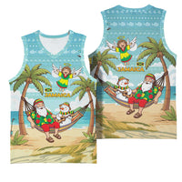 Jamaica Christmas Basketball Jersey with Rasta Santa Snowman Hammock Angel Palm Trees and Tropical Beach Design - Wonder Print Shop