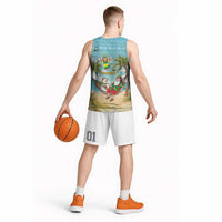 Jamaica Christmas Basketball Jersey with Rasta Santa Snowman Hammock Angel Palm Trees and Tropical Beach Design - Wonder Print Shop