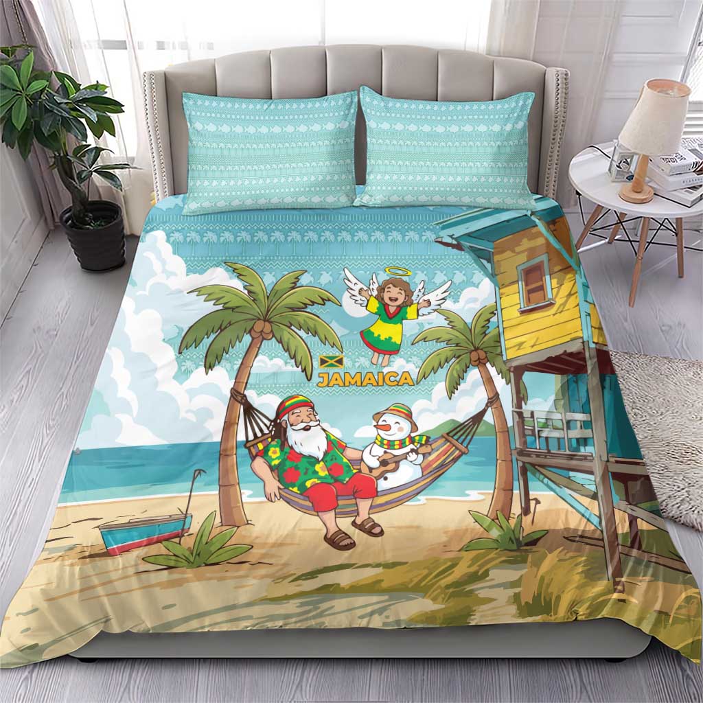 Jamaica Christmas Bedding Set with Rasta Santa Snowman Hammock Angel Palm Trees and Tropical Beach Design - Wonder Print Shop