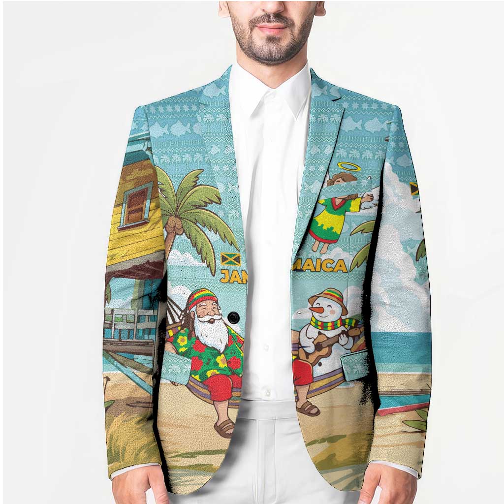 Jamaica Christmas Blazer with Rasta Santa Snowman Hammock Angel Palm Trees and Tropical Beach Design - Wonder Print Shop